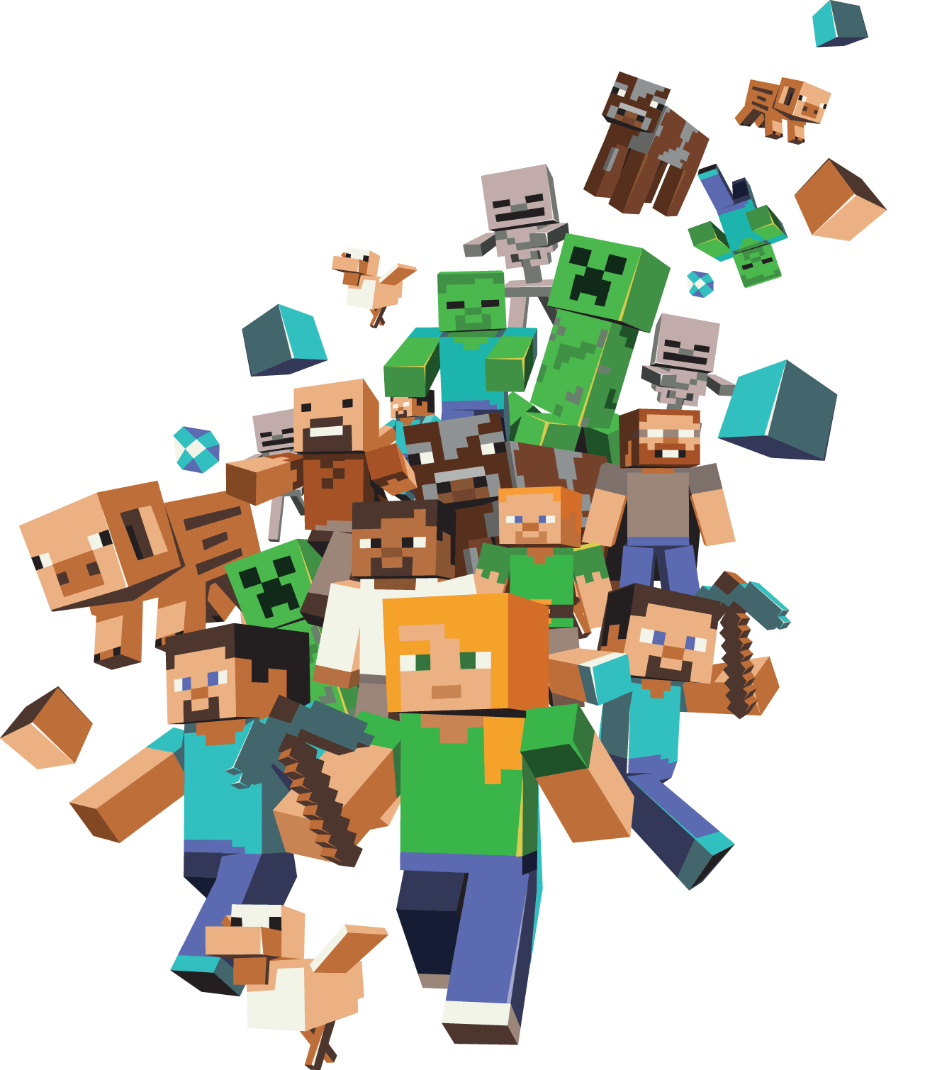 minecraft characters and mobs, including steve, alex, chickens, cows, pigs and skins of minecrafts developers